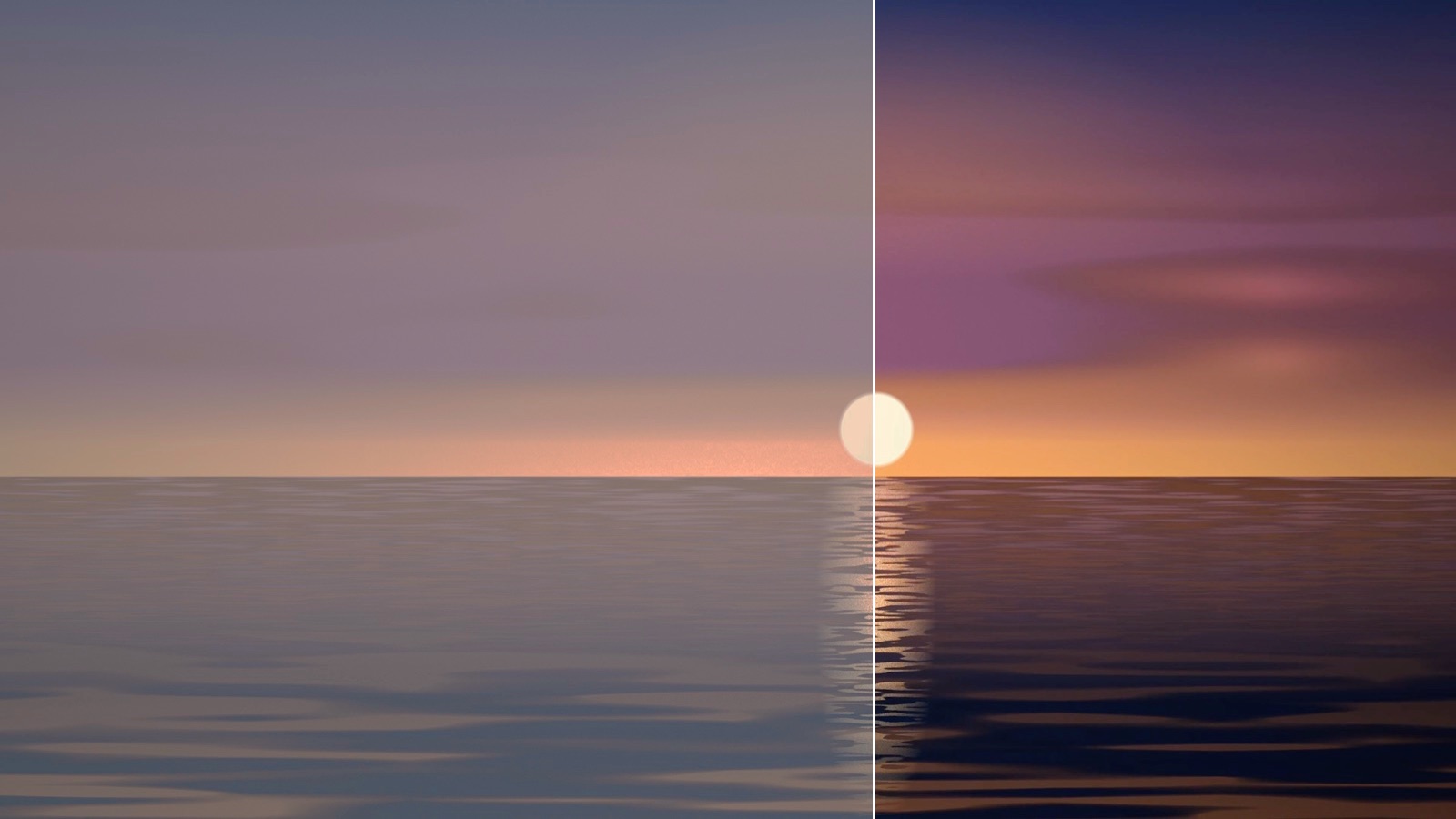 One sunset frame split in two: the Apple Log original on the left looks flat and grey; the converted Rec.709 version on the right has deep blues and a bright orange horizon.