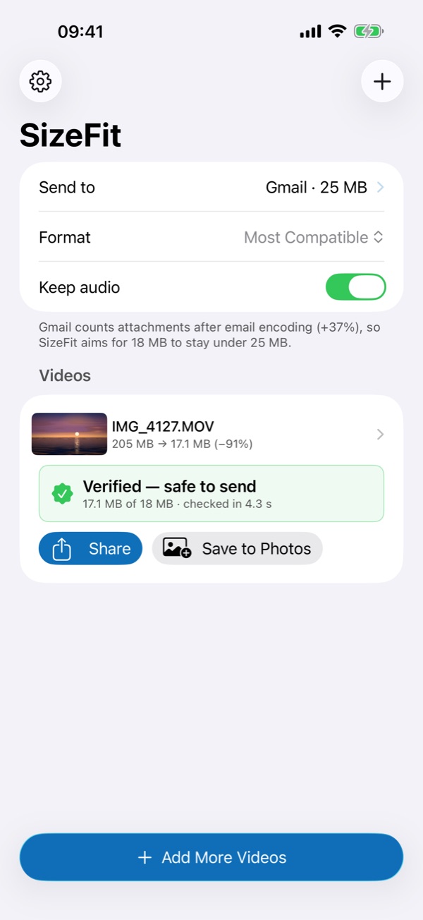 SizeFit on iPhone: a 4K video compressed for Gmail and verified as safe to send, with Share and Save to Photos buttons.